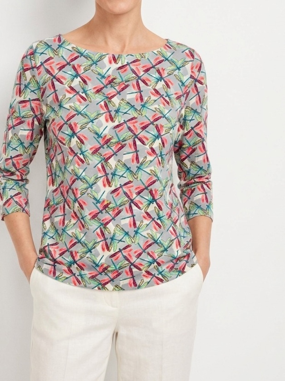 Talbots Light Blue Dragonfly-Print Long Sleeve Top